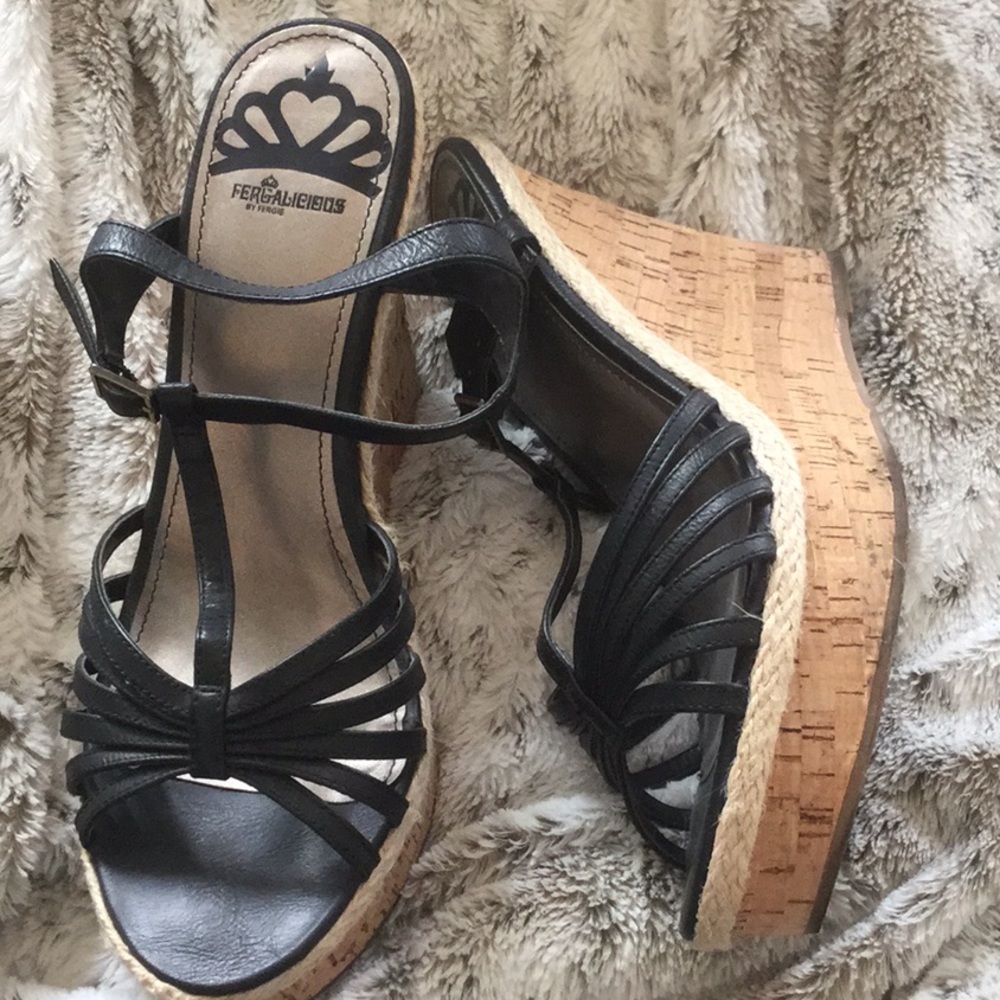 FERGALICIOUS by Fergie Cork Wedges Black strap 9.5